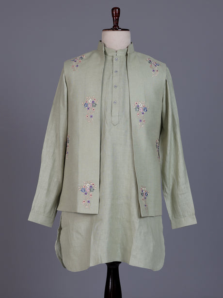 Pista green cotton silk mens waistcoat set with pearl embroidery