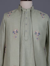 Pista green cotton silk mens waistcoat set with pearl embroidery