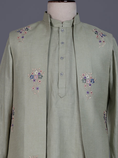 Pista green cotton silk mens waistcoat set with pearl embroidery