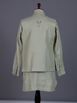Pista green cotton silk mens waistcoat set with pearl embroidery