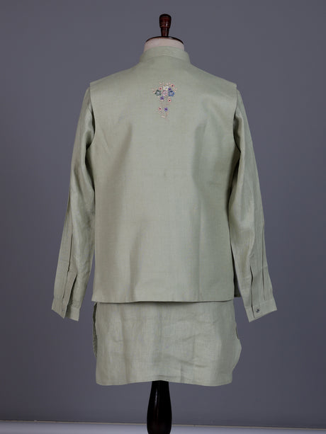 Pista green cotton silk mens waistcoat set with pearl embroidery