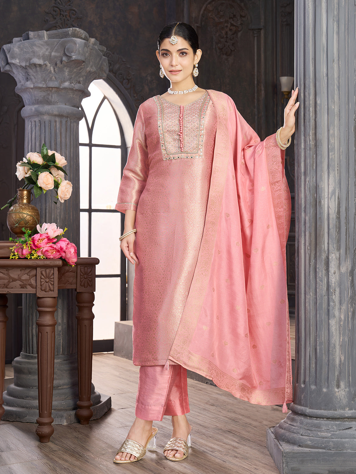 Pastel pink brocade silk salwar suit with mirror work yoke