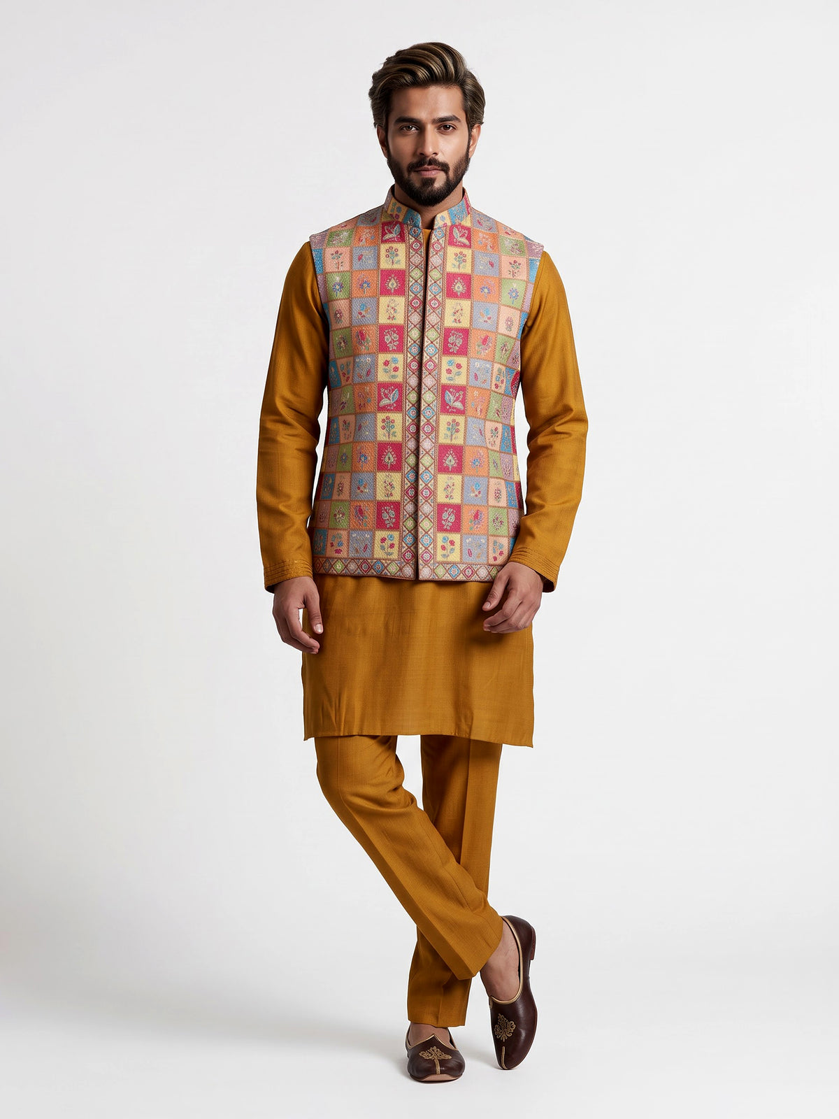 Rust orange silk mens waistcoat set with folk motif embellishments