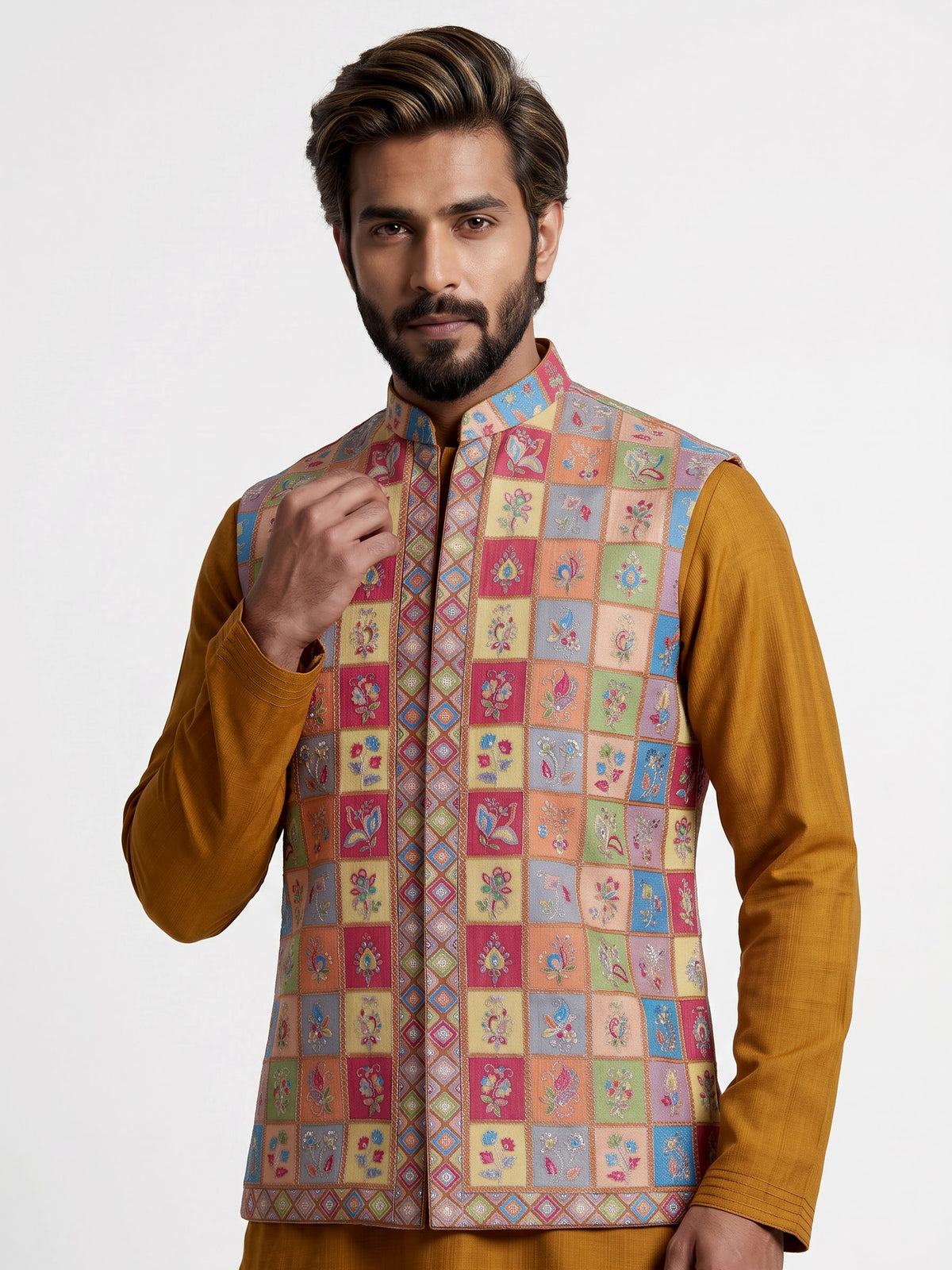 Rust orange silk mens waistcoat set with folk motif embellishments