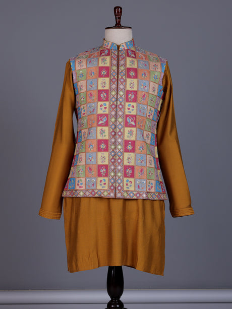 Rust orange silk mens waistcoat set with folk motif embellishments