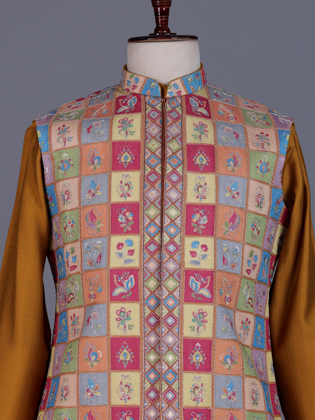 Rust orange silk mens waistcoat set with folk motif embellishments