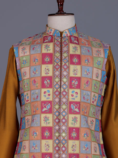 Rust orange silk mens waistcoat set with folk motif embellishments