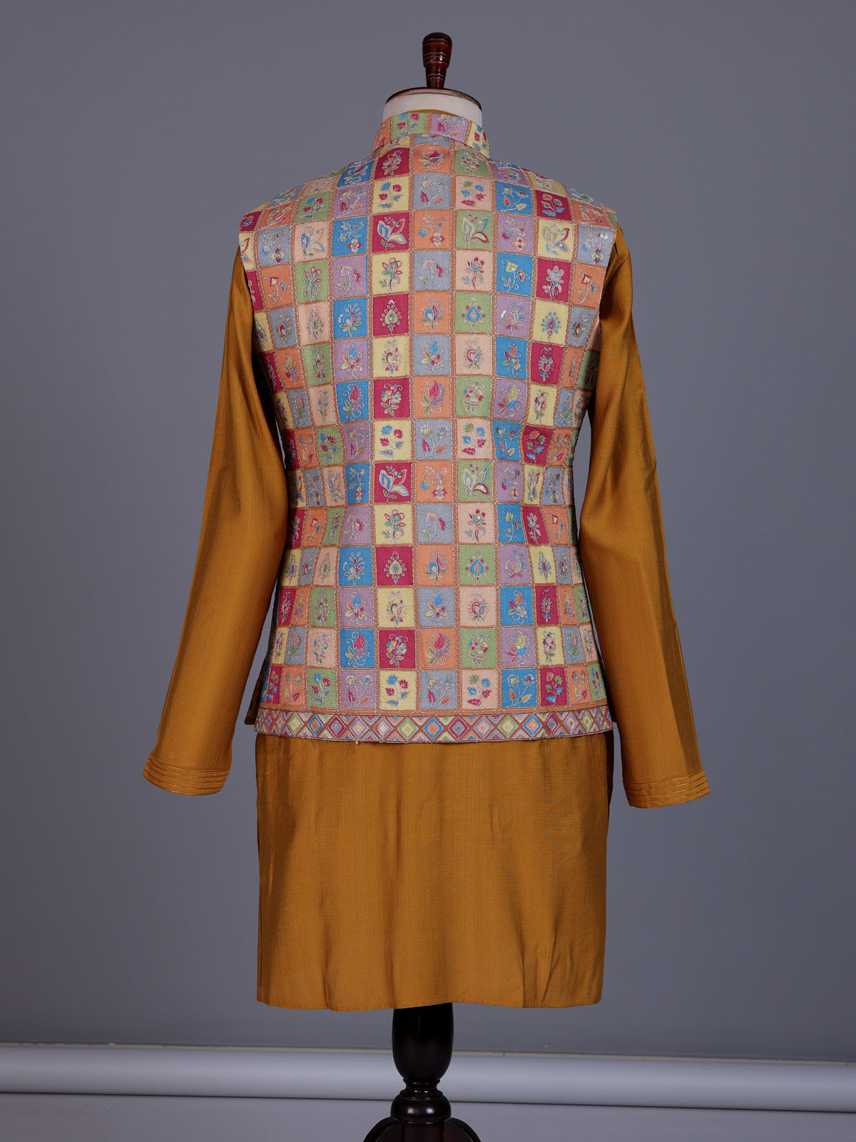 Rust orange silk mens waistcoat set with folk motif embellishments