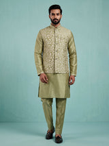 Pista green silk mens waistcoat set with floral sequin detailing