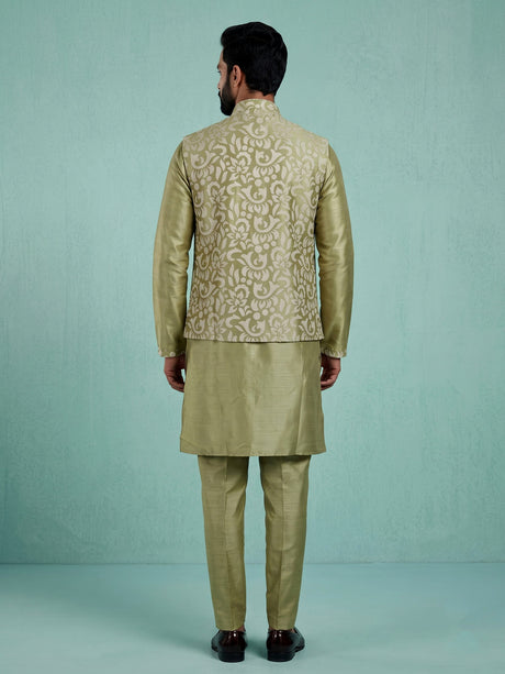 Pista green silk mens waistcoat set with floral sequin detailing
