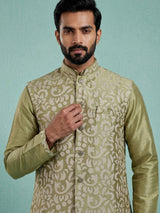Pista green silk mens waistcoat set with floral sequin detailing
