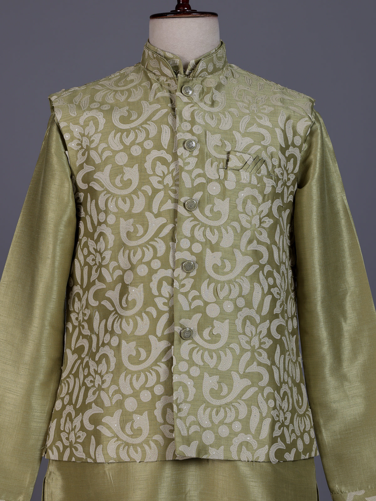 Pista green silk mens waistcoat set with floral sequin detailing