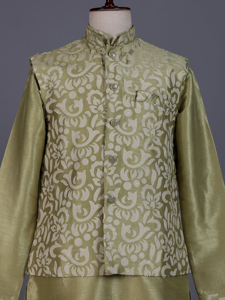 Pista green silk mens waistcoat set with floral sequin detailing