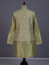 Pista green silk mens waistcoat set with floral sequin detailing