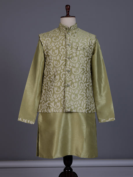 Pista green silk mens waistcoat set with floral sequin detailing