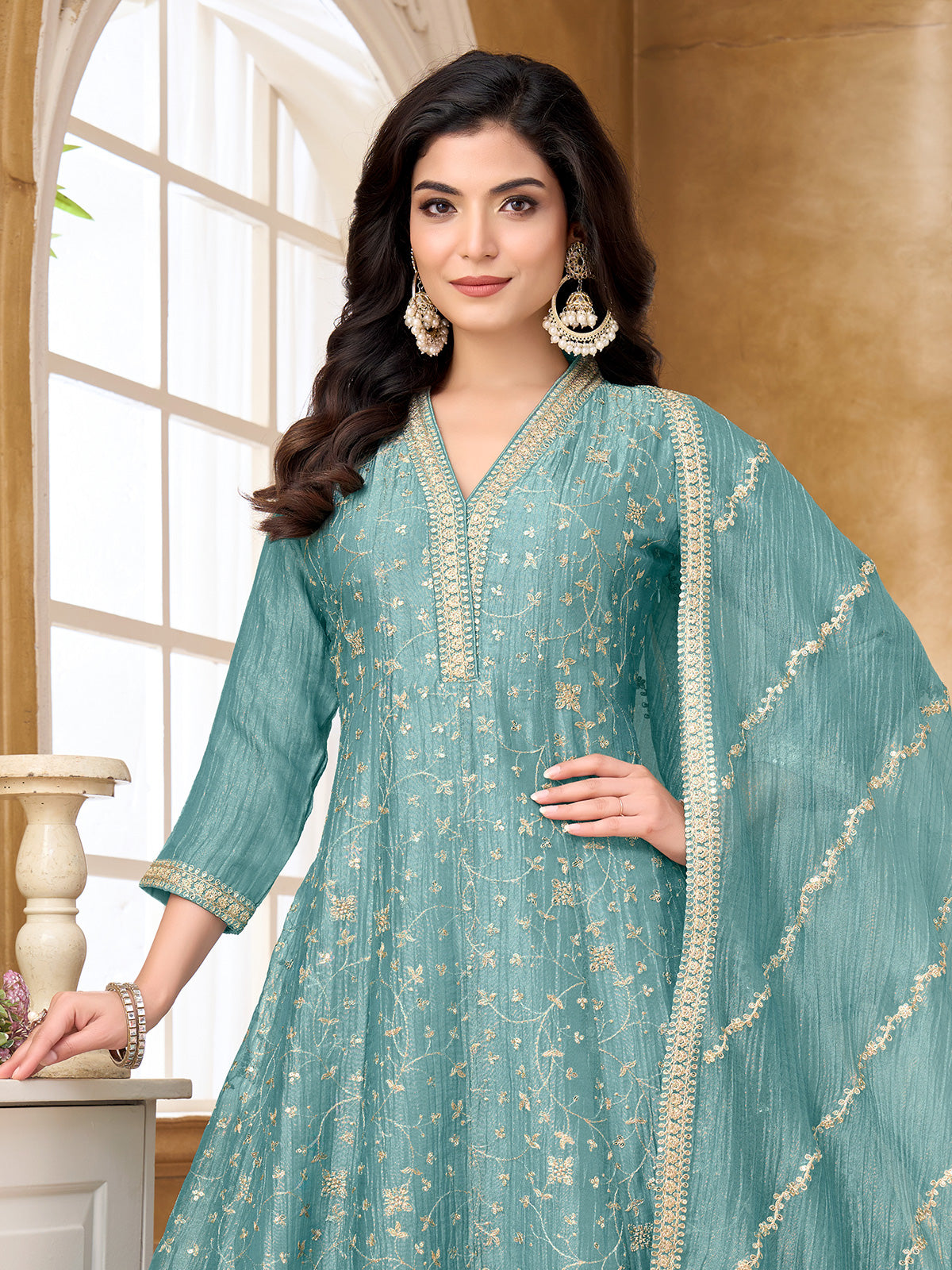 Light blue chiffon tissue anarkali suit with sequins work