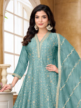 Light blue chiffon tissue anarkali suit with sequins work