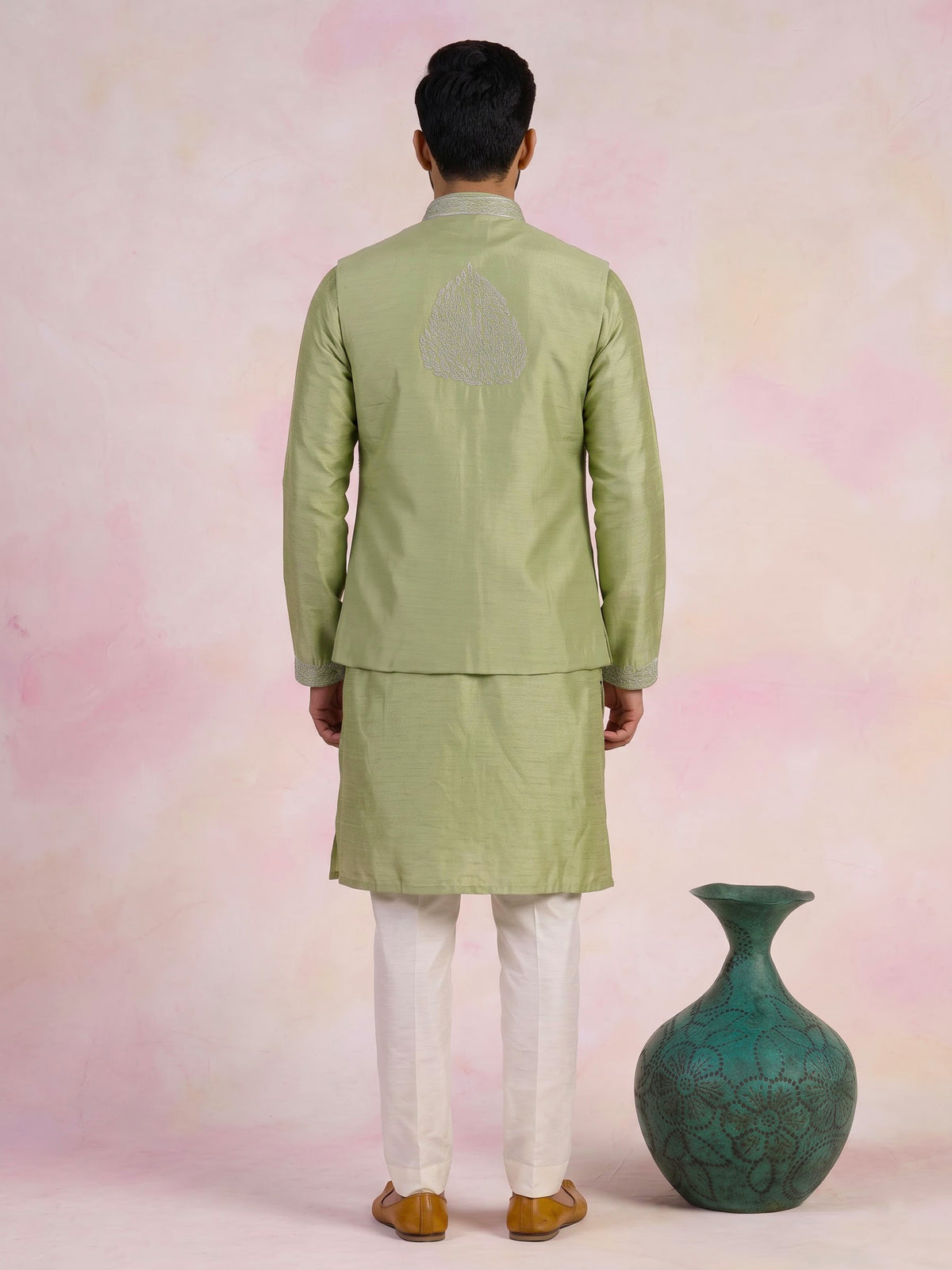 Olive green raw silk men waistcoat set