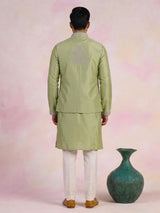 Olive green raw silk men waistcoat set