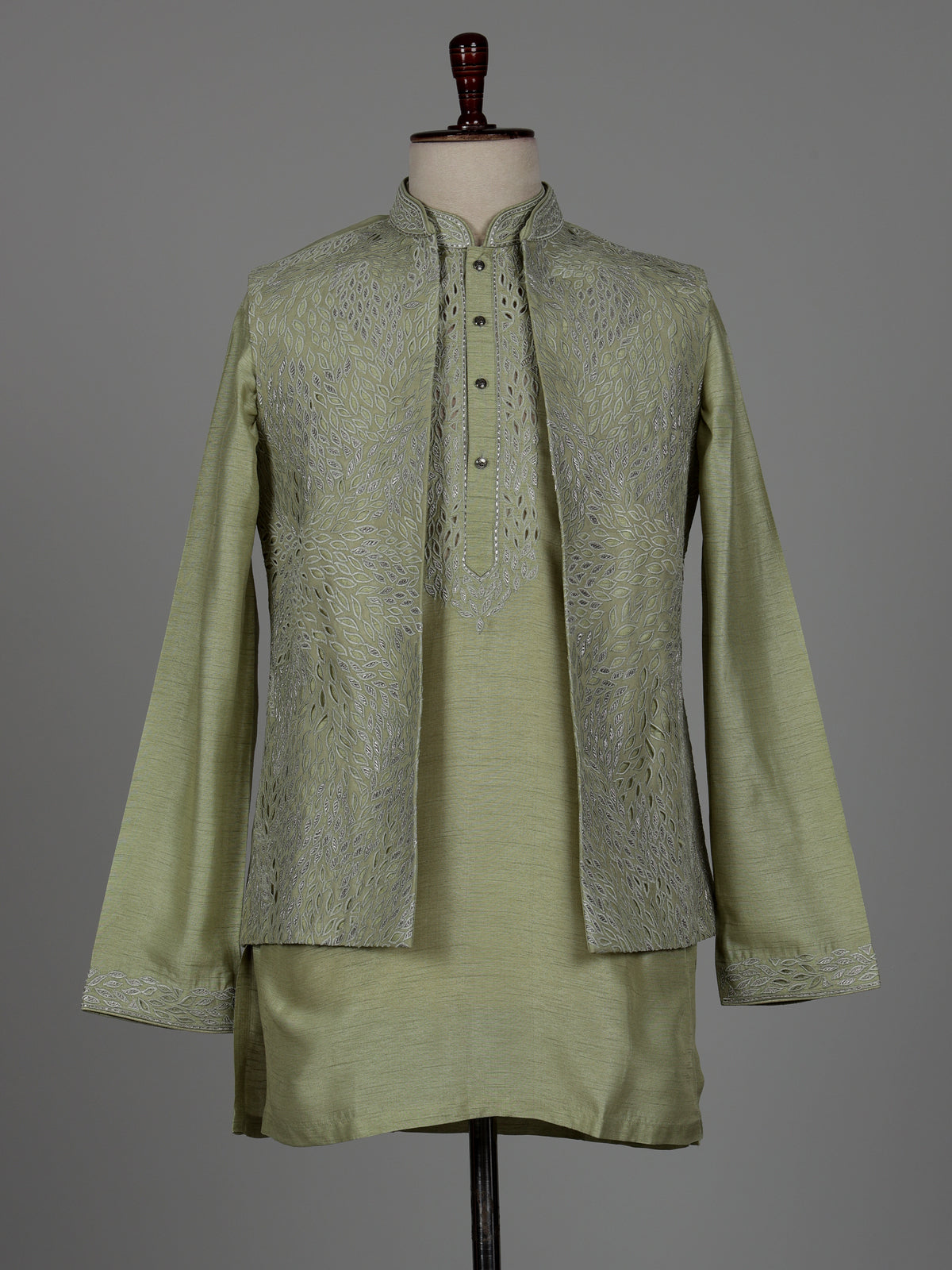 Olive green raw silk men waistcoat set