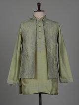 Olive green raw silk men waistcoat set
