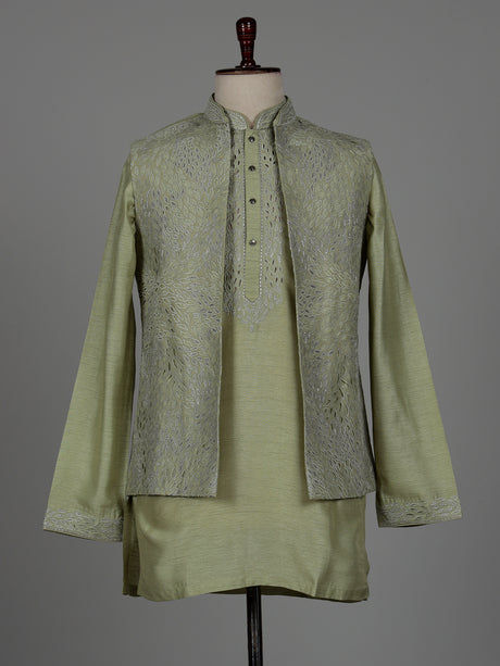 Olive green raw silk men waistcoat set