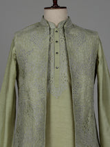 Olive green raw silk men waistcoat set