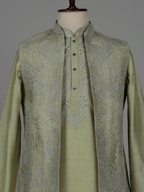Olive green raw silk men waistcoat set