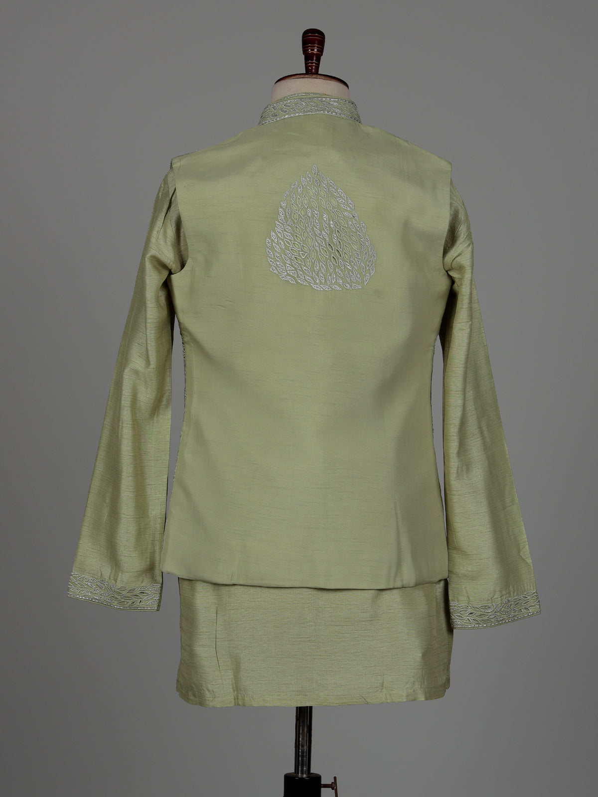 Olive green raw silk men waistcoat set