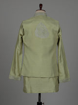 Olive green raw silk men waistcoat set