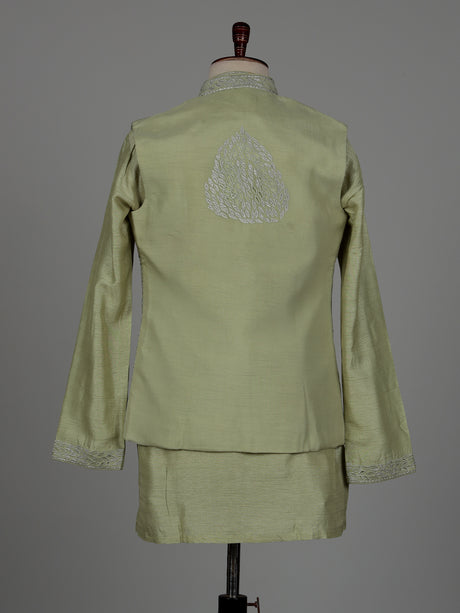 Olive green raw silk men waistcoat set