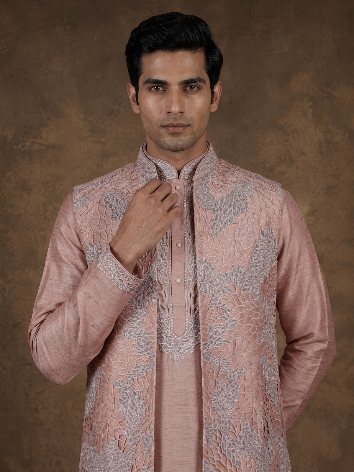 Onion pink botanical filigree raw silk men waistcoat set