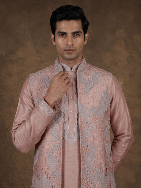 Onion pink botanical filigree raw silk men waistcoat set