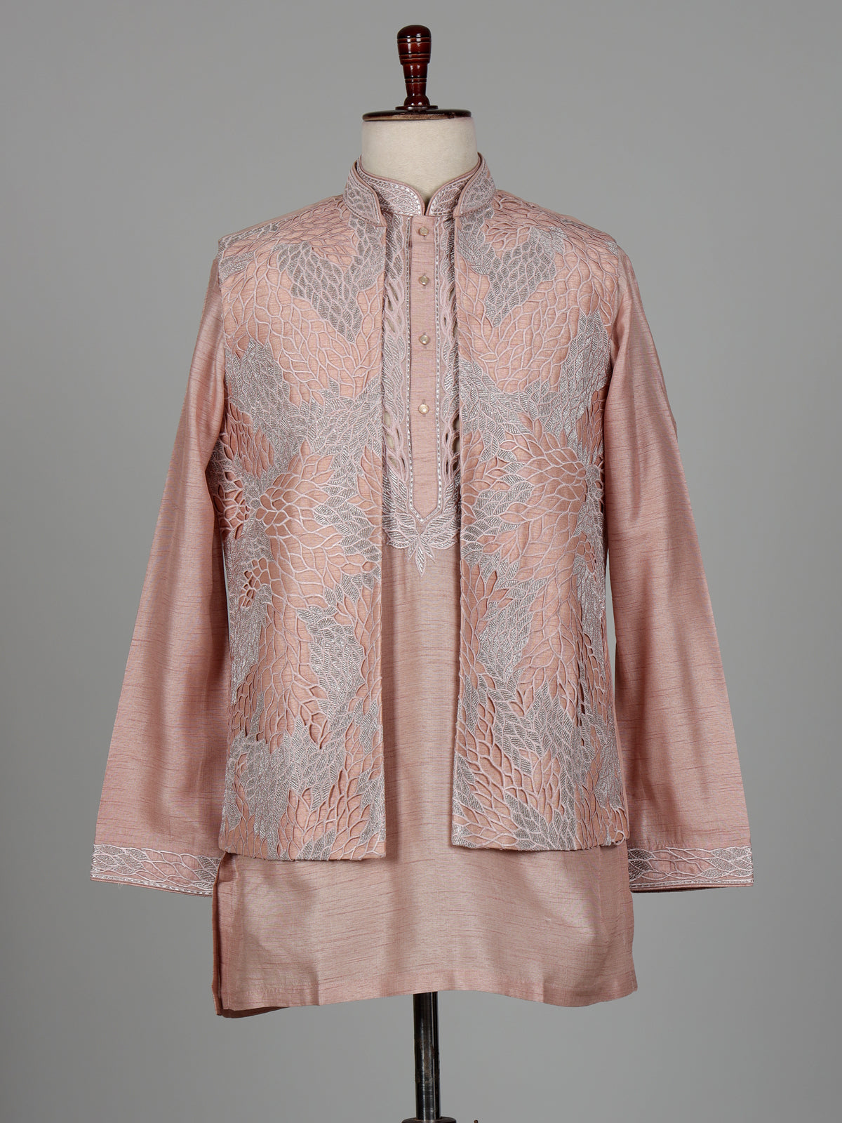 Onion pink botanical filigree raw silk men waistcoat set