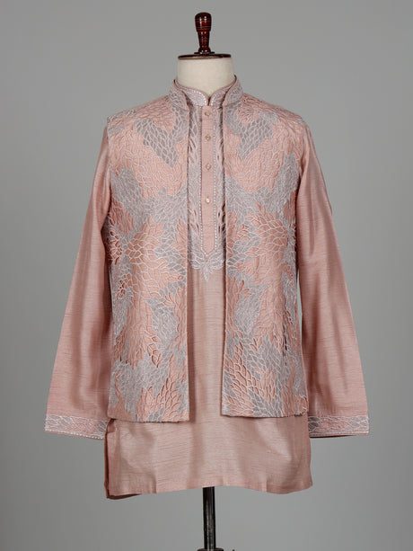 Onion pink botanical filigree raw silk men waistcoat set