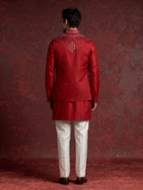 Dark red nehru jacket cotton linen men waistcoat set