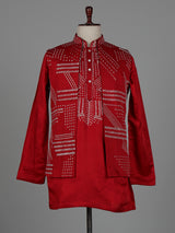 Dark red nehru jacket cotton linen men waistcoat set