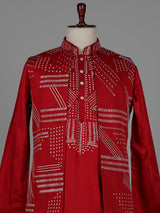 Dark red nehru jacket cotton linen men waistcoat set