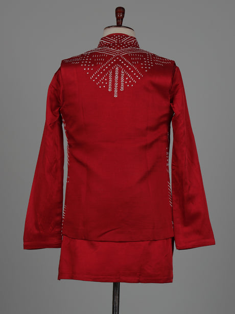 Dark red nehru jacket cotton linen men waistcoat set