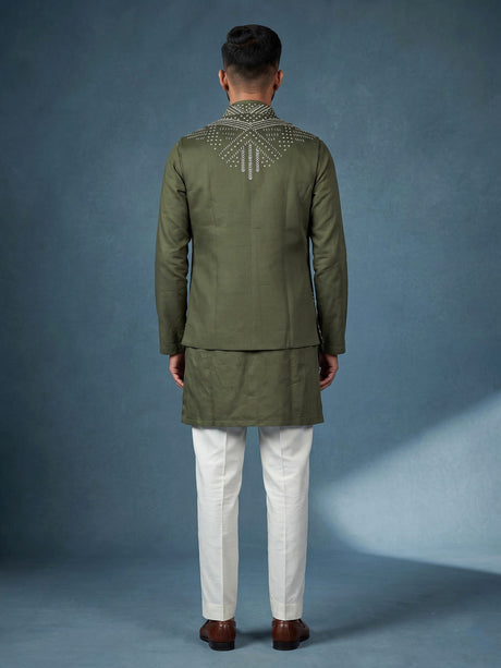 Olive green geometric Nehru jacket cotton linen men waistcoat set