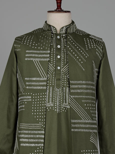 Olive green geometric Nehru jacket cotton linen men waistcoat set