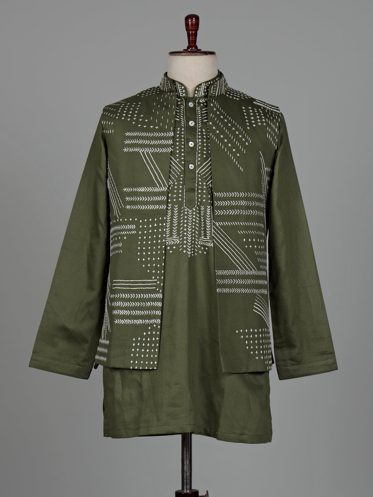 Olive green geometric Nehru jacket cotton linen men waistcoat set