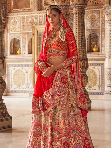 Red and white mughal women bridal lehenga choli
