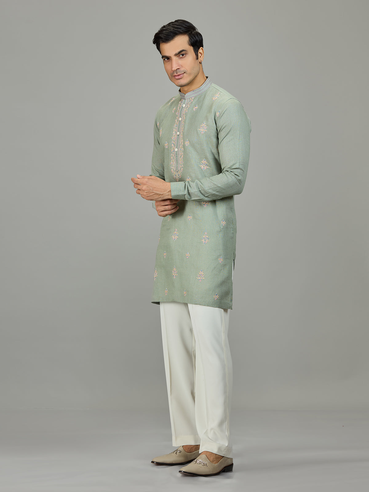 Pista green floral zardosi linen men kurta suit