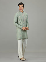 Pista green floral zardosi linen men kurta suit