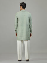 Pista green floral zardosi linen men kurta suit
