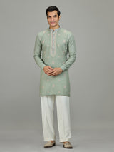 Pista green floral zardosi linen men kurta suit