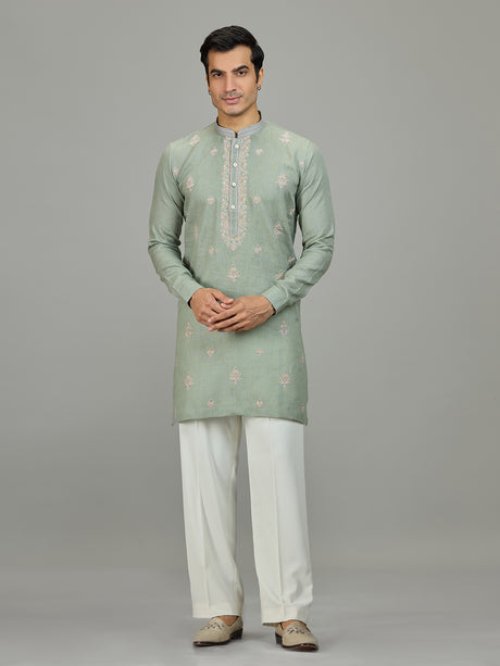 Pista green floral zardosi linen men kurta suit