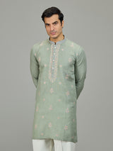 Pista green floral zardosi linen men kurta suit