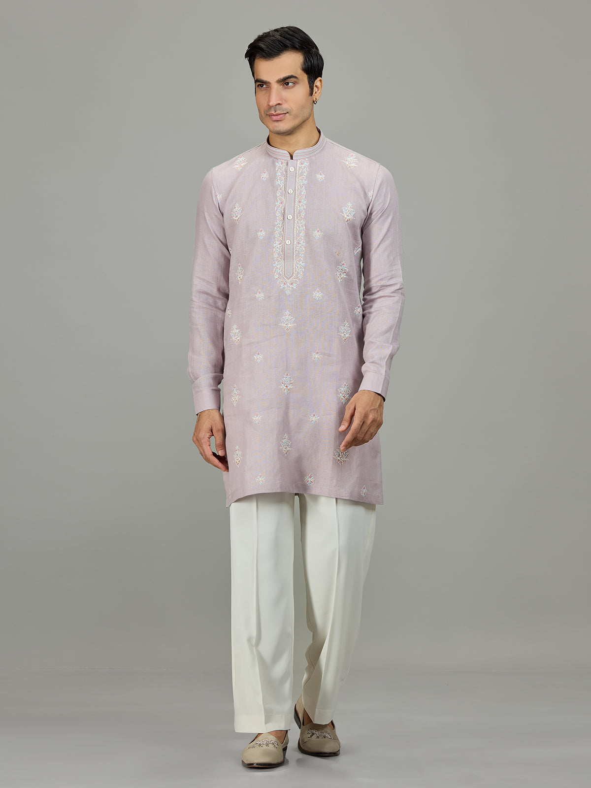 Lilac purple zardosi linen men kurta suit